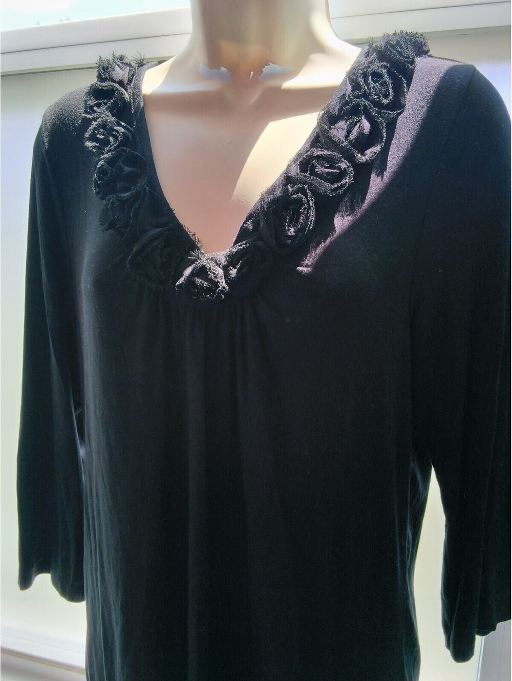 AREA Black Rosette Neckline Top 3/4 Sleeve Blouse Romantic Gothic Size L